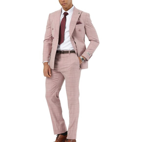 Pink Windowpane Peak Lapel Double Breasted Stacy Adams Men's Suit - Picture 2 of 4